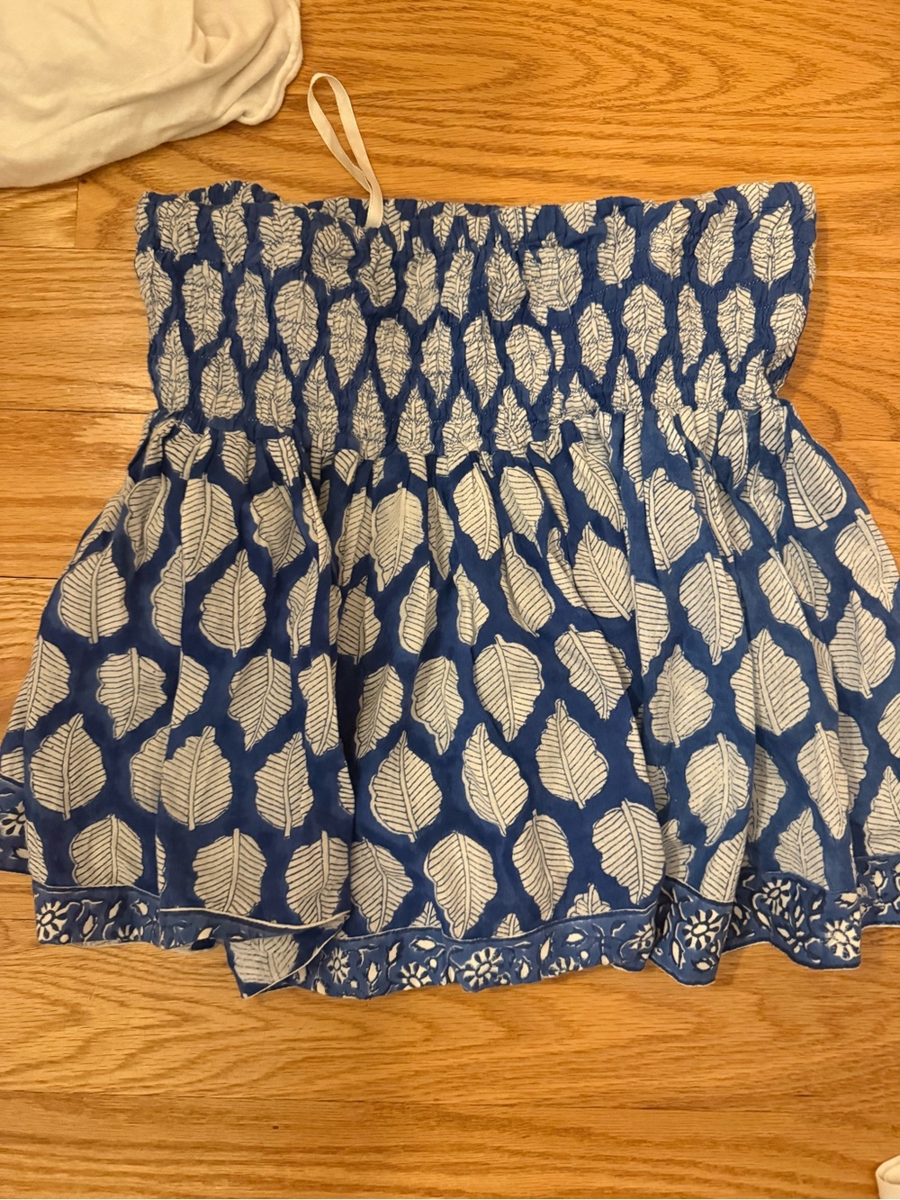 Smocked Blue and White Leaf-Print Circle Skirt